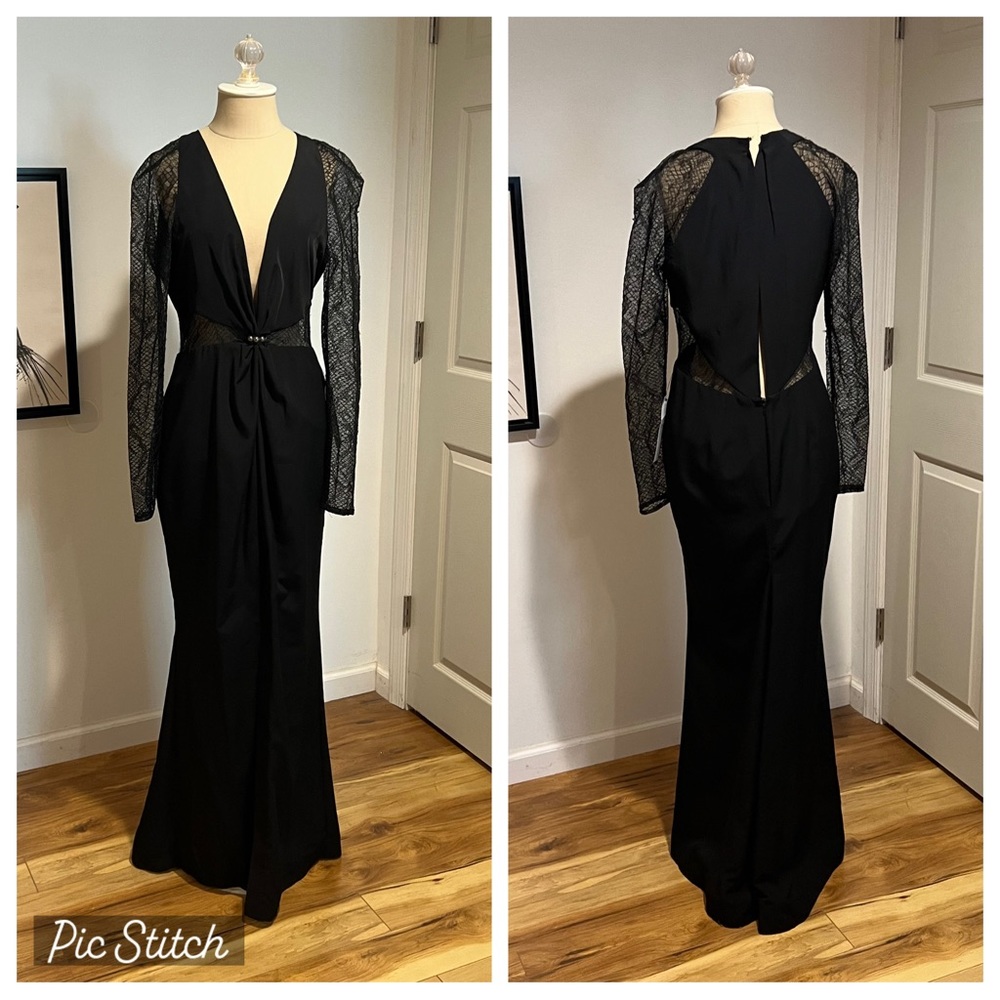 Topshop lace plunge neck long sleeves maxi black dress size 8